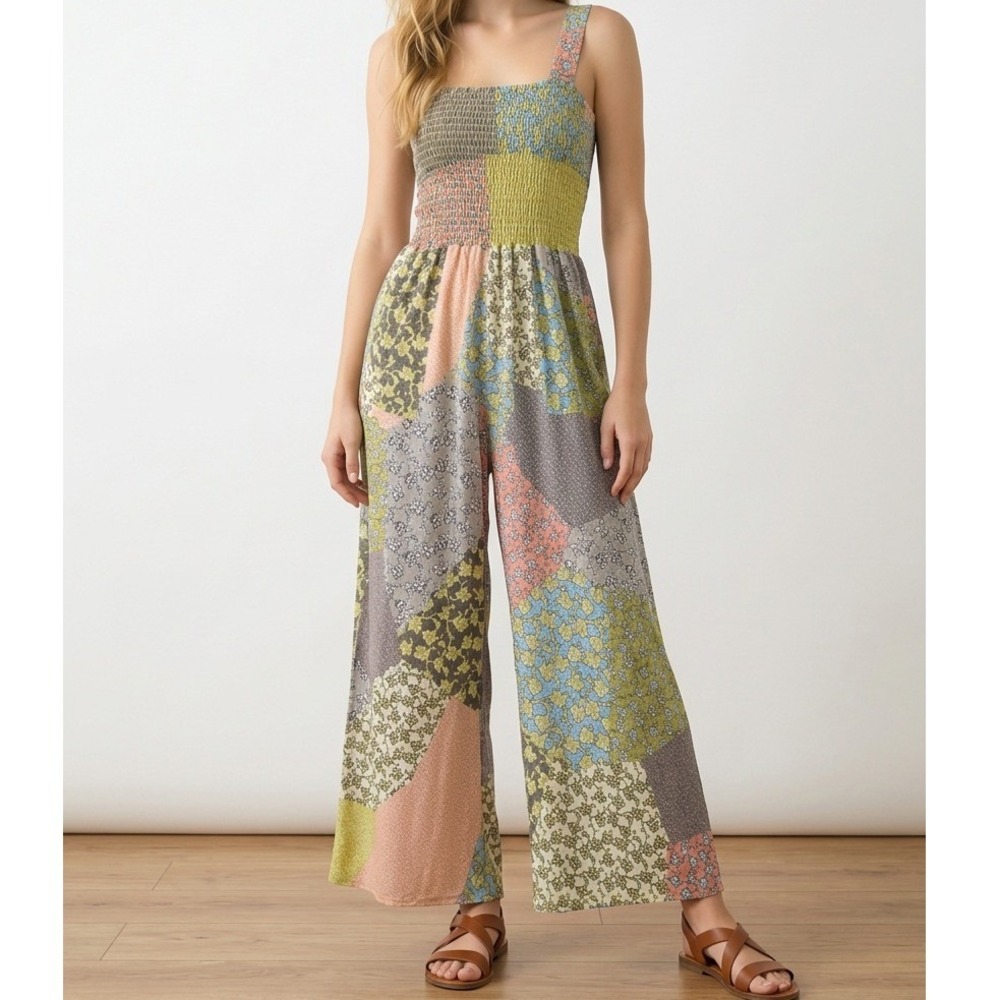 BUCKETLIST Patchwork Floral Wide-Leg Jumpsuit in Sage, Peach, Blue & Gray